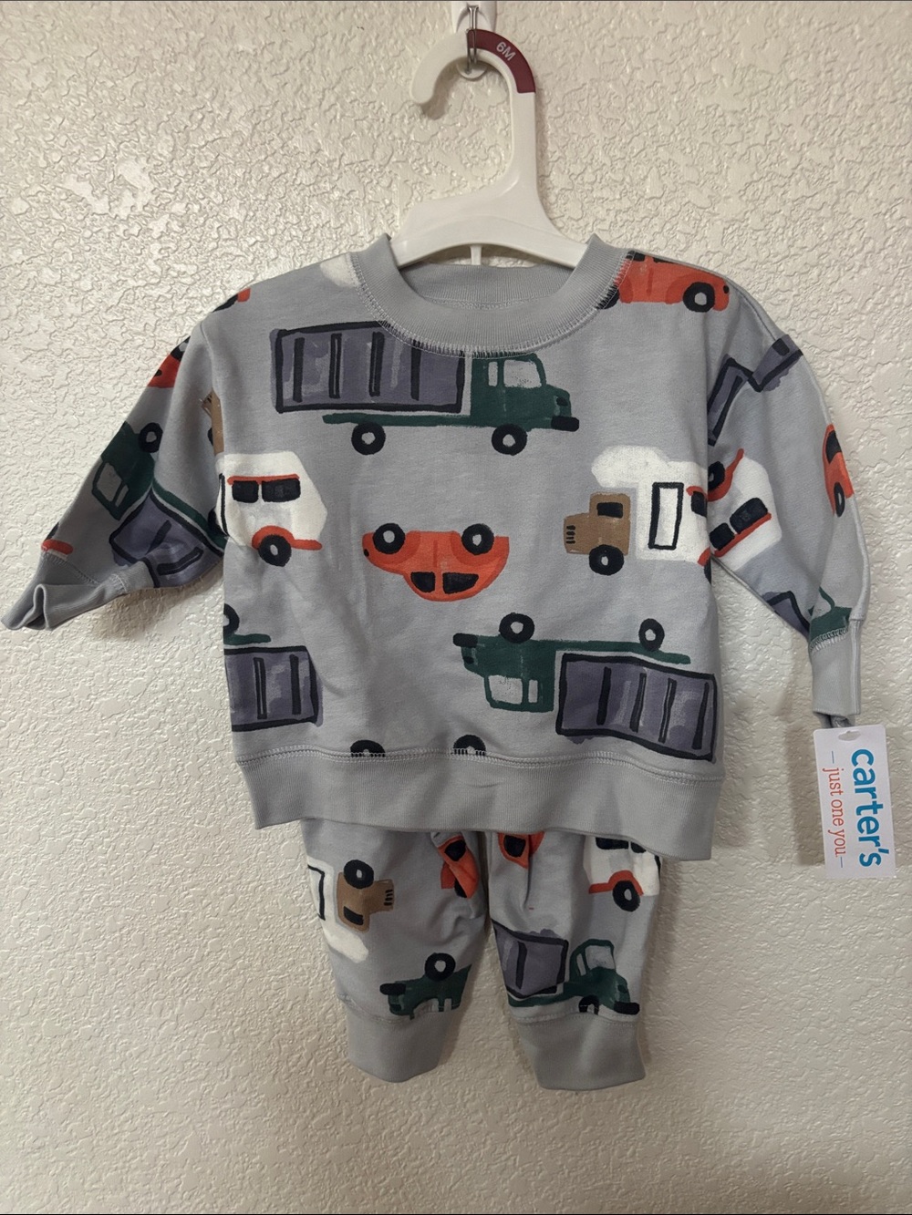 Carter's Light Gray Vehicle Print Pajama Set with Red & Green Accents